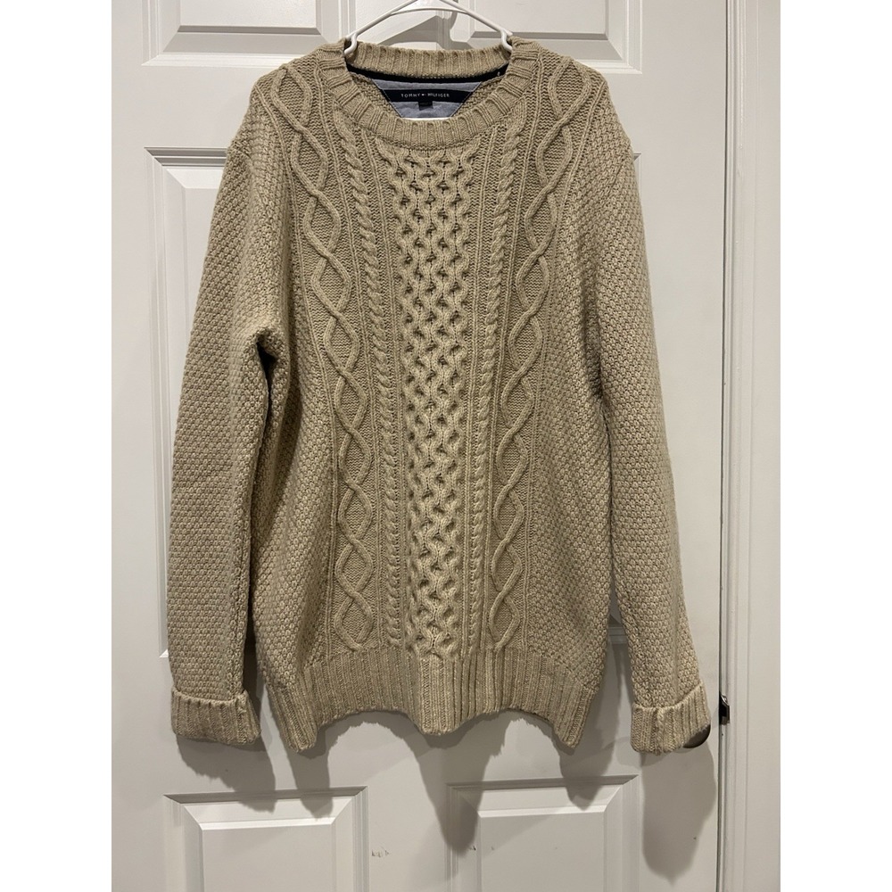Tommy Hilfiger Mens XL Cable Knit Sweater Beige Lambswool Blend Crewneck EUC